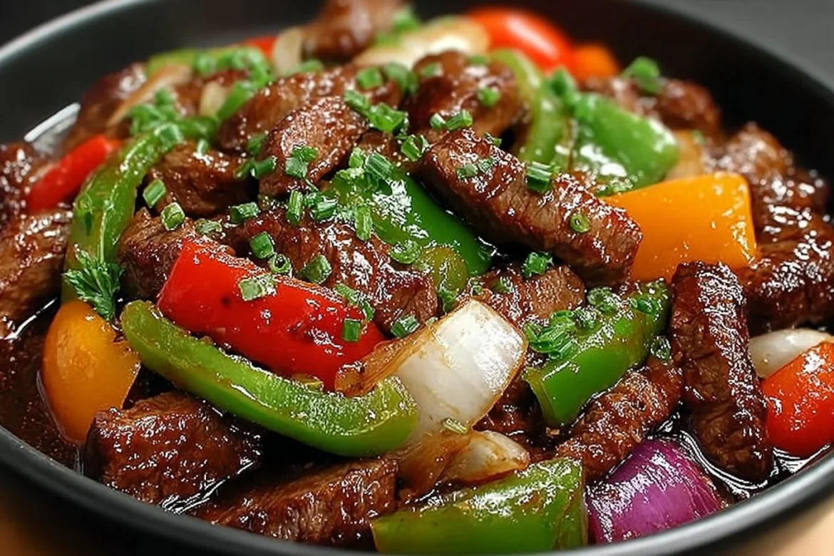 Delicious Chinese pepper steak with tender beef and vibrant vegetables