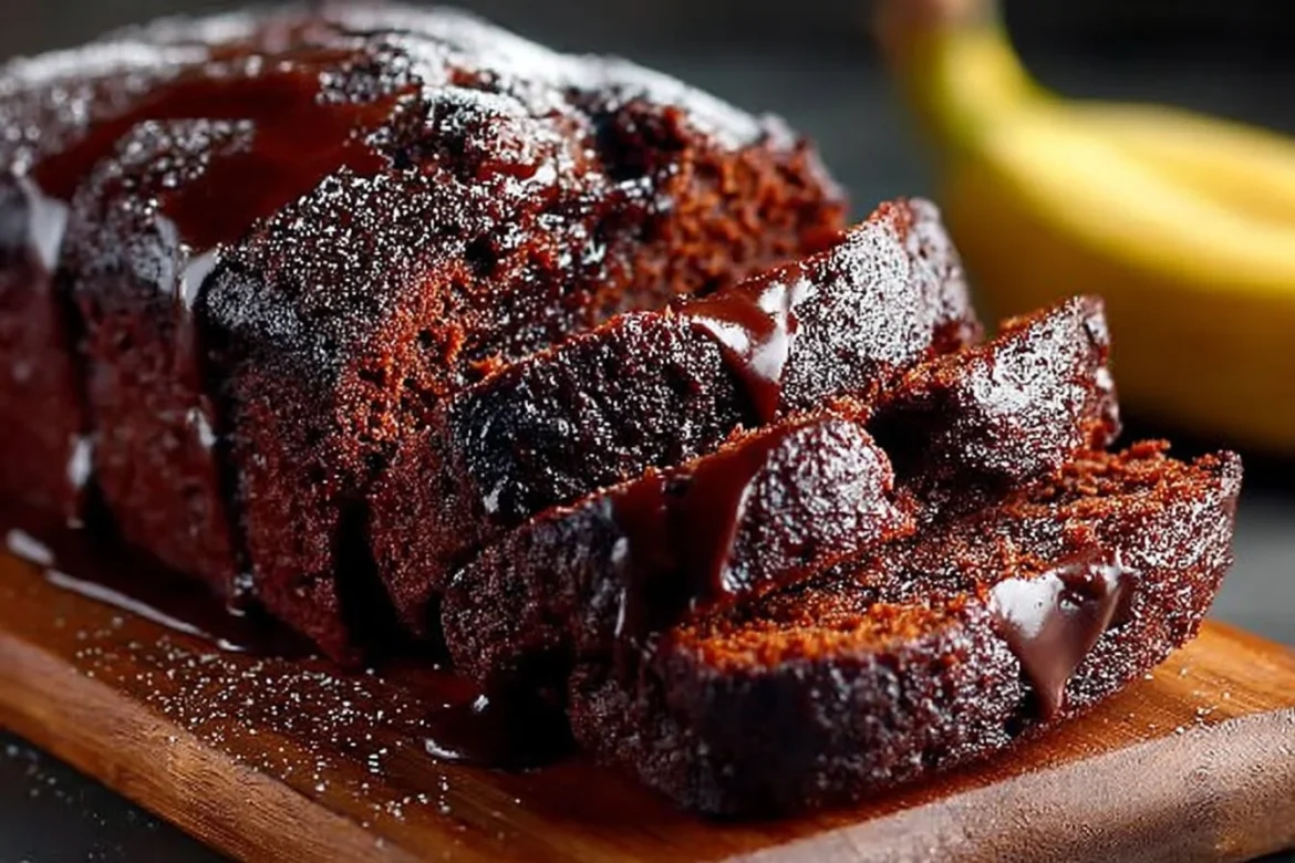 Loaf of homemade Chocolate Banana Bread with chocolate chips and sliced bananas