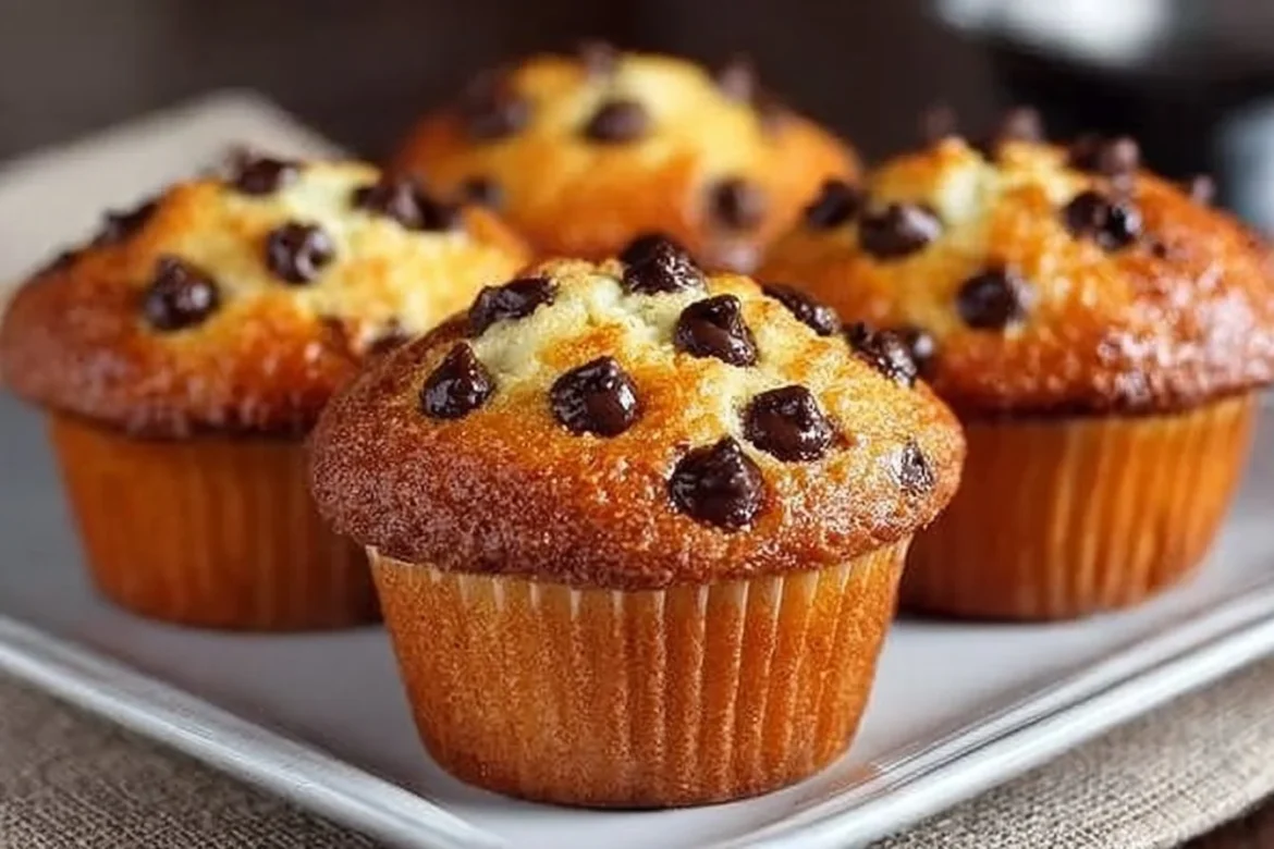 Freshly baked chocolate chip muffins with melted chocolate chips on top