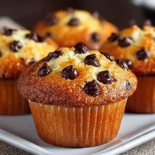 Freshly baked chocolate chip muffins with melted chocolate chips on top