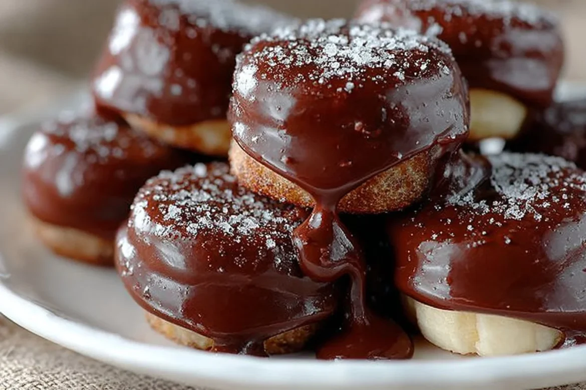 Delicious chocolate covered banana bites ready to enjoy as a sweet treat.