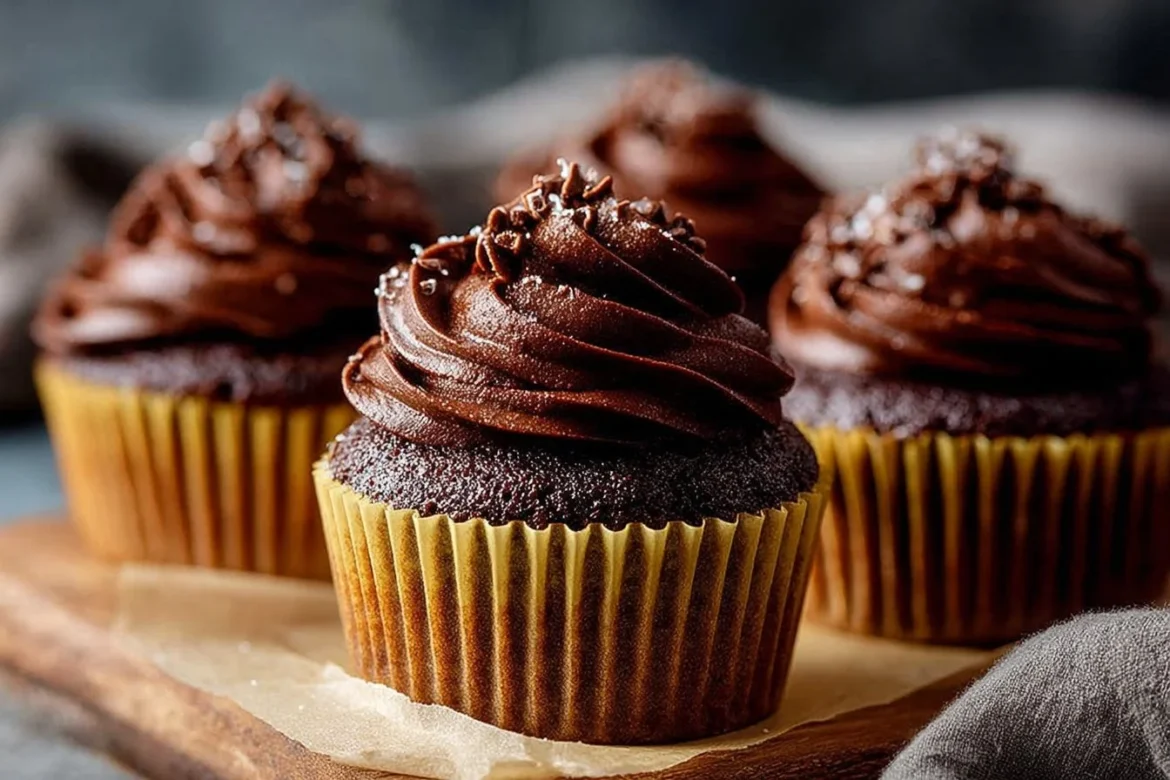 Decadent chocolate ganache cupcakes topped with smooth chocolate ganache.
