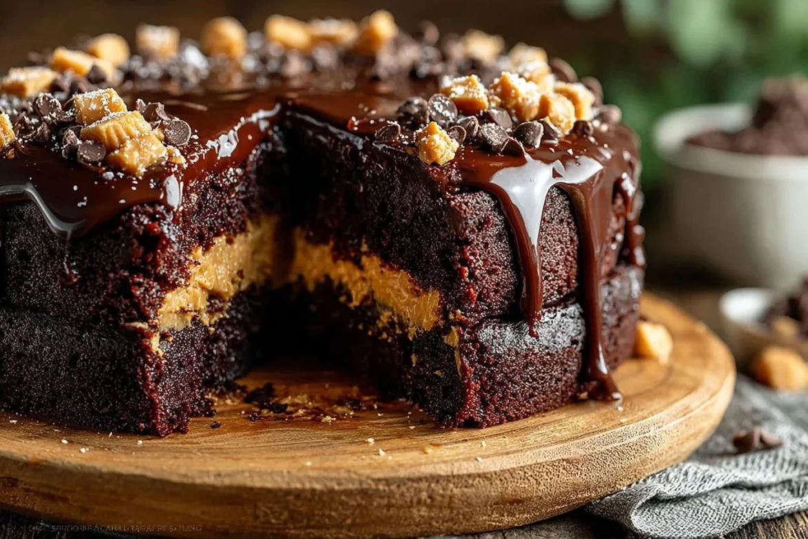 Delicious Chocolate Peanut Butter Cake topped with chocolate ganache and peanuts