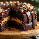 Delicious Chocolate Peanut Butter Cake topped with chocolate ganache and peanuts