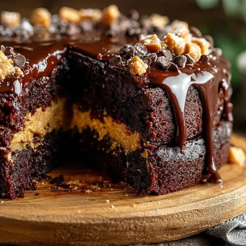 Delicious Chocolate Peanut Butter Cake topped with chocolate ganache and peanuts