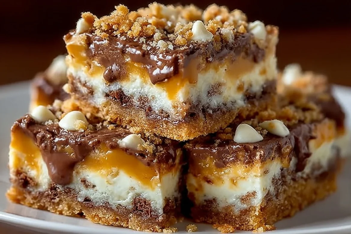 Tray of chocolate toffee magic layer bars layered with chocolate and nuts