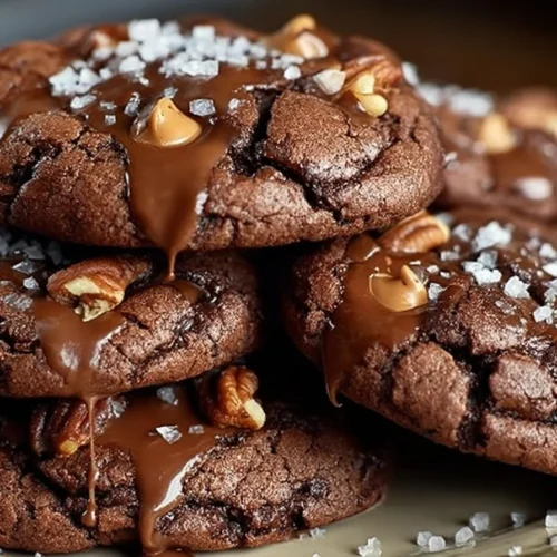 Delicious Chocolate Turtle Cookies with caramel and pecans