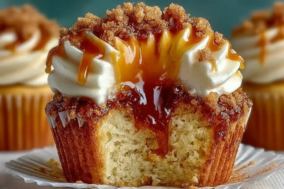 Delicious Churro Caramel Crunch Cupcakes topped with caramel