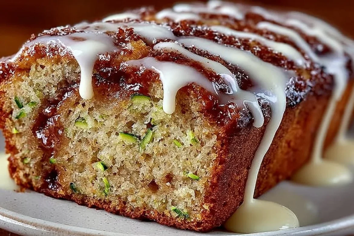 Freshly baked cinnamon roll zucchini bread with swirls and icing