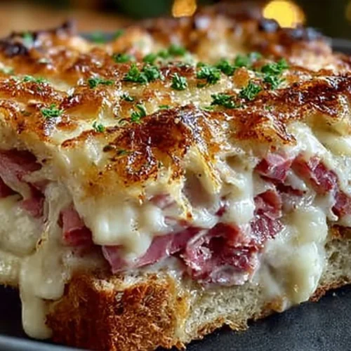 Baked Reuben casserole with layers of corned beef, sauerkraut, and cheese