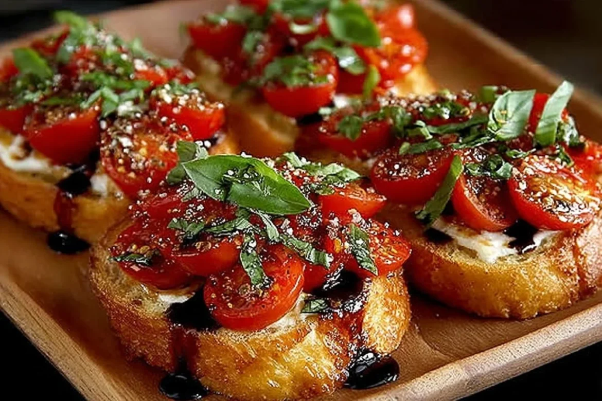 Delicious classic Italian Bruschetta topped with fresh tomatoes and basil