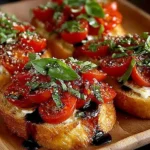 Delicious classic Italian Bruschetta topped with fresh tomatoes and basil