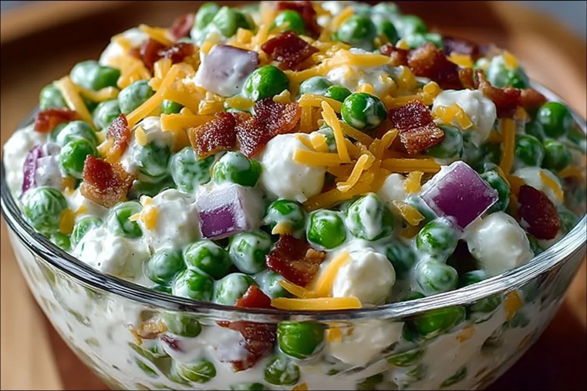 Fresh and colorful Classic Pea Salad with vegetables and dressing