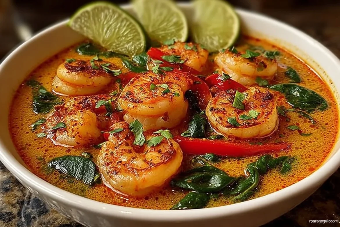 Bowl of coconut curry shrimp soup garnished with fresh herbs and spices.
