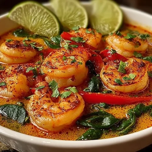 Bowl of coconut curry shrimp soup garnished with fresh herbs and spices.