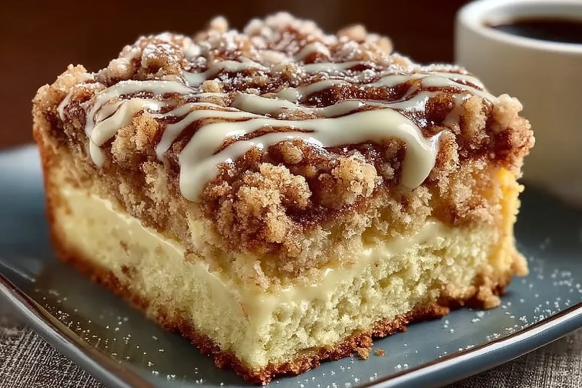 Delicious coffee cake served on a decorative plate with a coffee cup