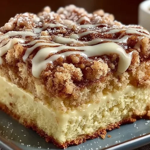 Delicious coffee cake served on a decorative plate with a coffee cup