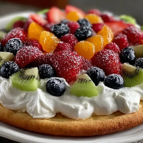 Colorful fruit pizza topped with a variety of fresh fruits and a creamy base