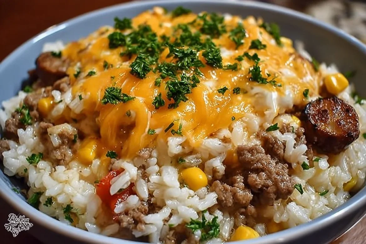 A delicious plate of cheesy beef and rice, showcasing a comforting home-cooked meal.