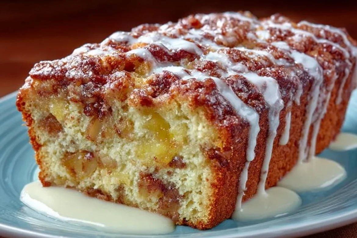 Deliciously baked Country Apple Fritter Bread with chunks of apples and cinnamon.