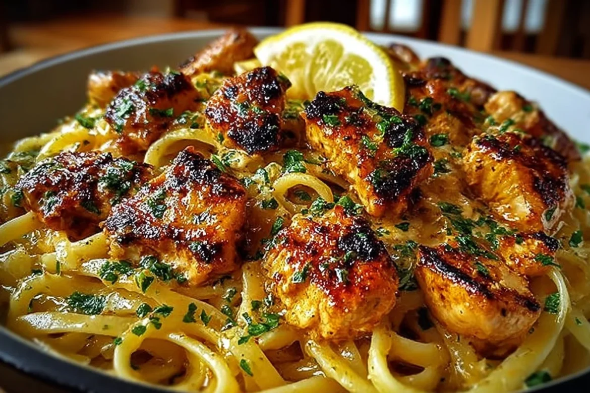 Delicious Cowboy Butter Chicken Linguine topped with fresh herbs and creamy sauce.