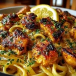 Delicious Cowboy Butter Chicken Linguine topped with fresh herbs and creamy sauce.