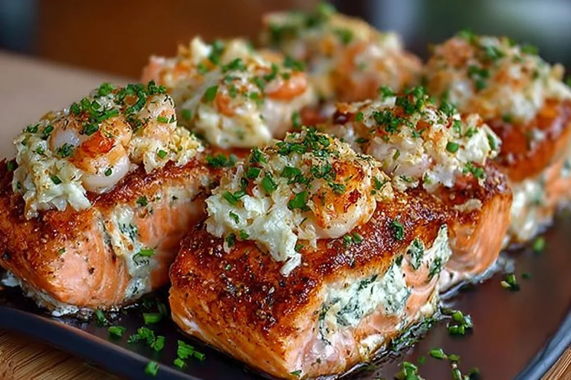 Delicious crab and shrimp stuffed salmon plated beautifully