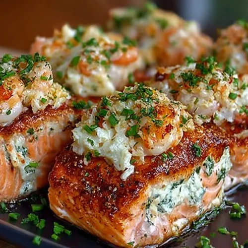 Delicious crab and shrimp stuffed salmon plated beautifully