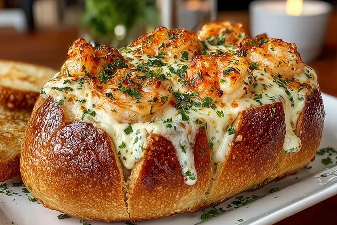 Crabby shrimp-stuffed garlic bread bombs topped with herbs and spices.