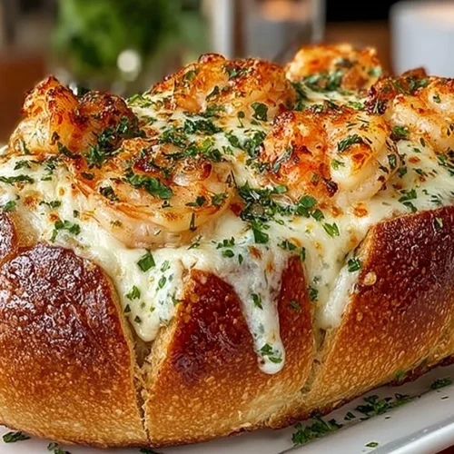 Crabby shrimp-stuffed garlic bread bombs topped with herbs and spices.