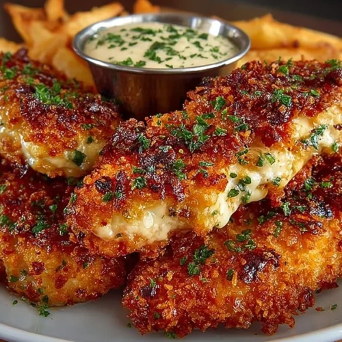 Plate of crispy Crack Chicken Tenders garnished with herbs