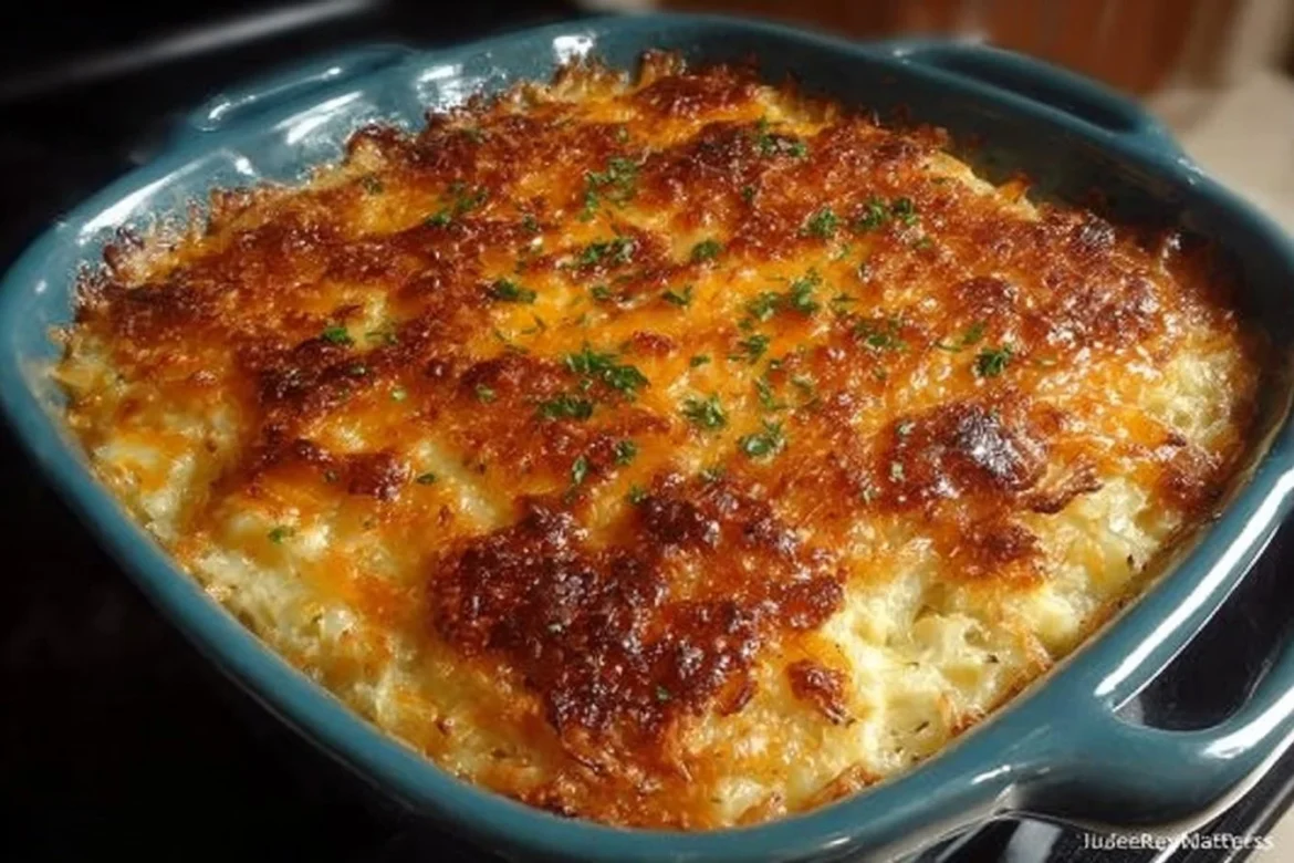 Delicious hash browns casserole from Cracker Barrel served in a baking dish.