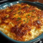 Delicious hash browns casserole from Cracker Barrel served in a baking dish.