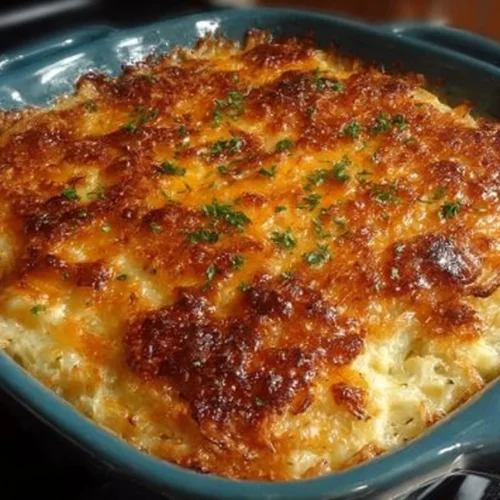 Delicious hash browns casserole from Cracker Barrel served in a baking dish.
