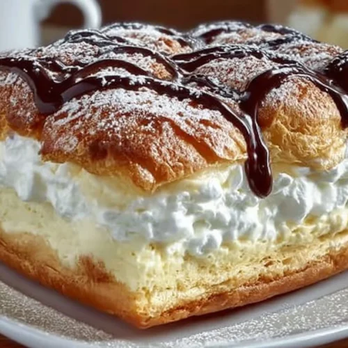 Slice of homemade delicious Cream Puff Cake with creamy filling and chocolate drizzle