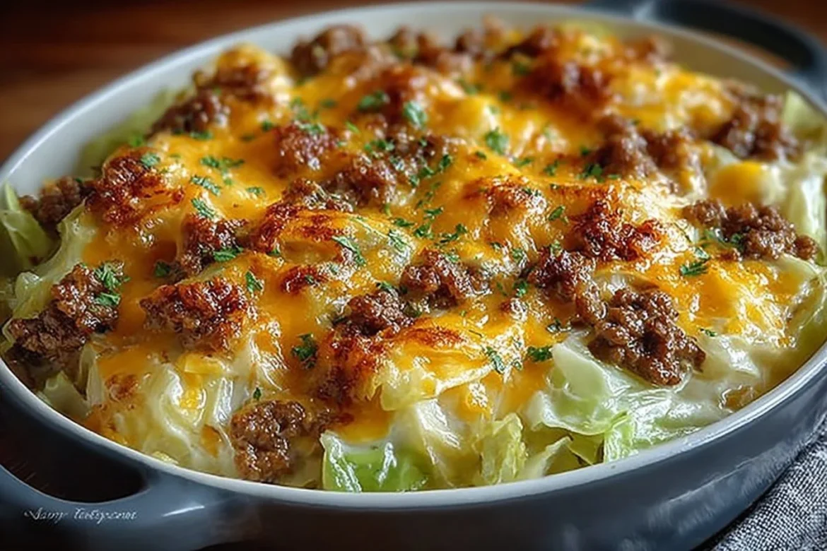 Creamed cabbage casserole with ground beef and cheese baked to golden perfection