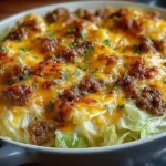 Creamed cabbage casserole with ground beef and cheese baked to golden perfection