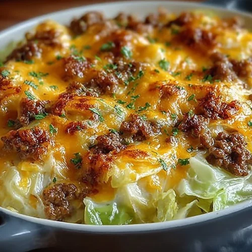 Creamed cabbage casserole with ground beef and cheese baked to golden perfection