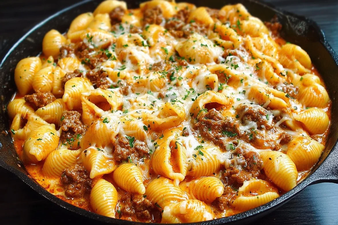 Creamy beef and shells dish garnished with parsley, served in a bowl.