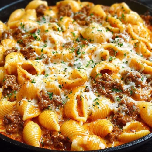 Creamy beef and shells dish garnished with parsley, served in a bowl.