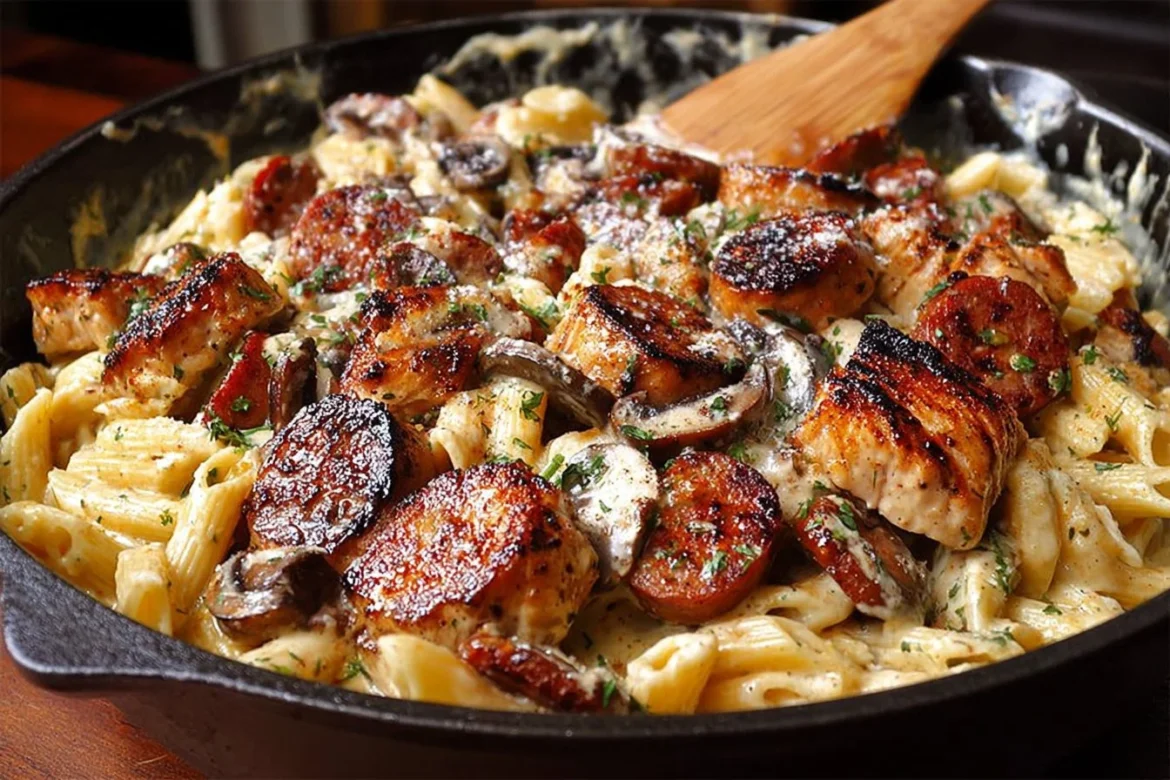 Plate of creamy Cajun chicken pasta with sausage garnished with parsley