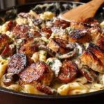 Plate of creamy Cajun chicken pasta with sausage garnished with parsley