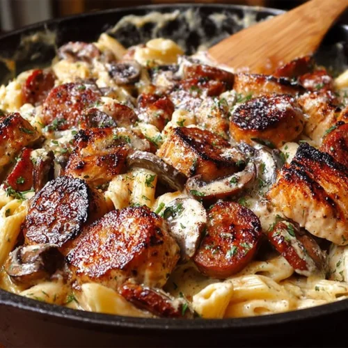 Plate of creamy Cajun chicken pasta with sausage garnished with parsley