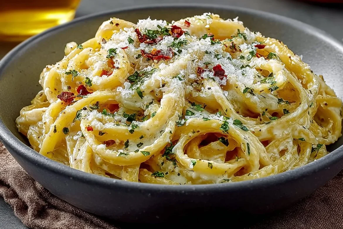 Creamy garlic pasta dish garnished with parsley and served in a bowl