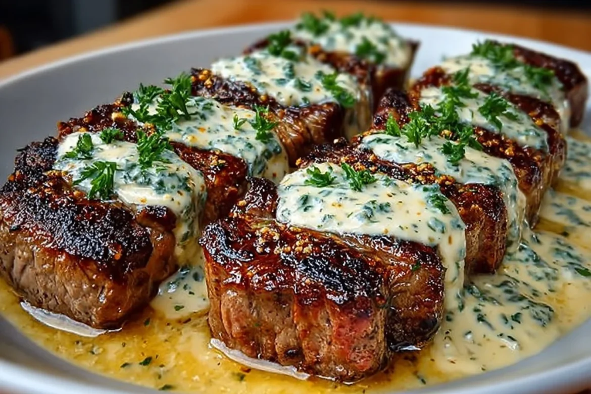 Creamy garlic sauce drizzled over a perfectly grilled steak on a plate