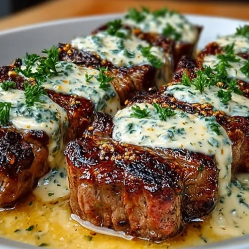Creamy garlic sauce drizzled over a perfectly grilled steak on a plate