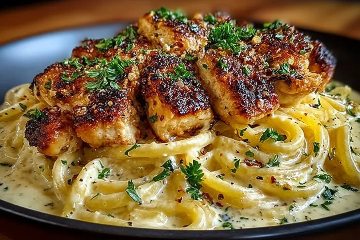 Creamy Italian chicken pasta dish served in a bowl with herbs