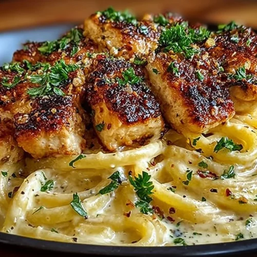 Creamy Italian chicken pasta dish served in a bowl with herbs