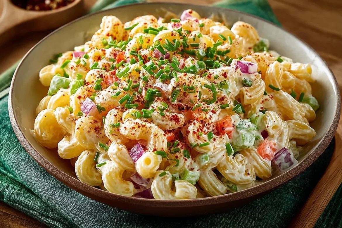 Delicious creamy macaroni salad served in a bowl with veggies