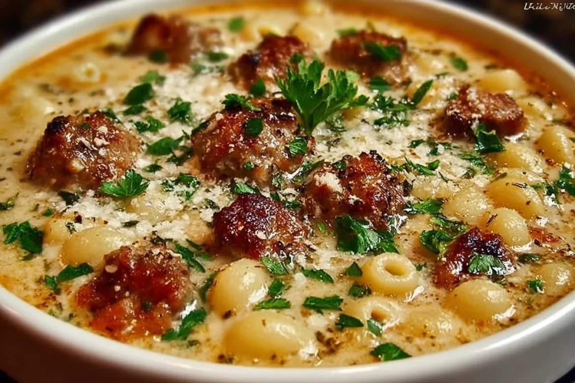 Creamy Parmesan Italian sausage ditalini soup in a bowl with parsley garnish